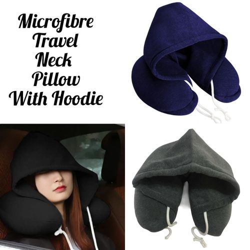 Microfiber Travel Neck Pillow with Hoodie - U-Shaped Ergonomic Support - Portable Hooded Neck Rest for Airplane, Car, and Home Use.