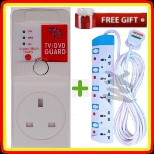 Power King HIGH QUALITY TV VOLTAGE GUARD + BONUS 5 WAY EXTENSION SOCKET – PROTECTS TV & FRIDGE FROM POWER SURGES