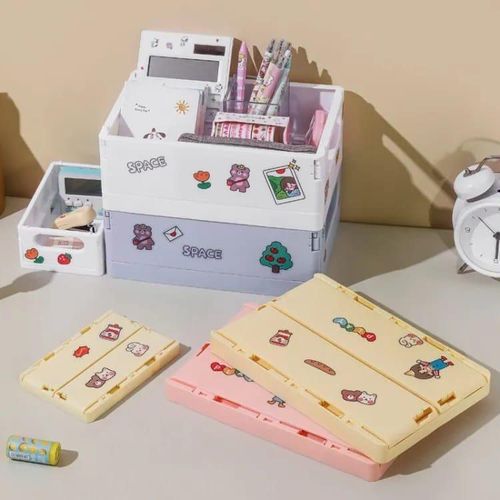 Kids Mini Foldable Desk Organizer Crate - Stackable Plastic Storage Basket Box, Multi-Purpose Desktop Toy, Stationery & Books Storage Bin with Handles