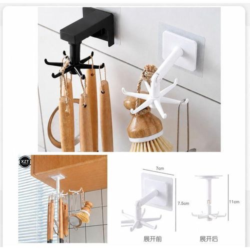 Multifunction Adhesive Rotating Hook Organizer With 6 Swivel Arms For Kitchen Cabinet Bathroom Wardrobe Space Saving Storage