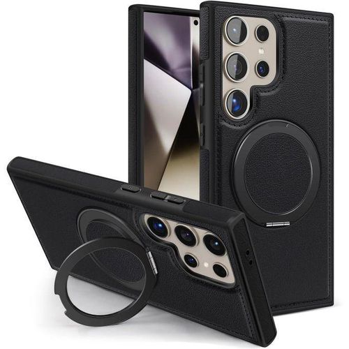 Magnetic PU Leather Case Fit for Samsung Galaxy S23Ultra Compatible with MagSafe 360-Degree Rotatable Ring Stand & Kickstand Phone Cover for Samsung S23 Ultra (Black)