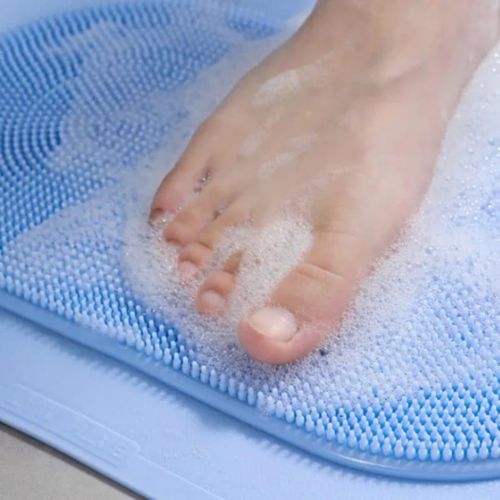 Non-Slip Silicone Bathroom Foot Scrubber Mat - Exfoliating Shower Massage Pad with Suction Cups for Back and Foot Cleaning - Blue