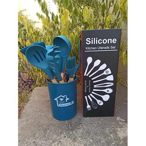 Silicon Non-Stick Cooking Spoons Set With Bucket Holder