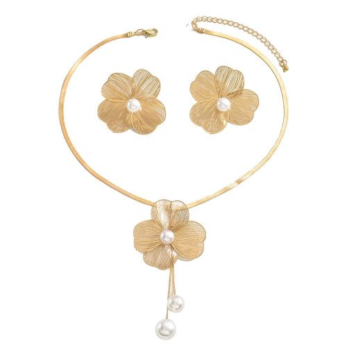 Floral Pearl Choker Earrings Jewelry Set
