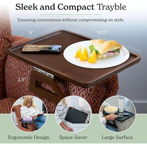 Foldable Wooden Sofa Armrest Tray 33x24cm Clip-On Couch Table for Drinks Snacks and Remotes