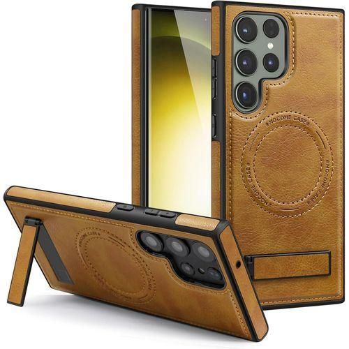 For Samsung Galaxy S24 Ultra Case with Stand, Luxury Business Genuine Leather Magnetic Kickstand Phone Case for Samsung-Black