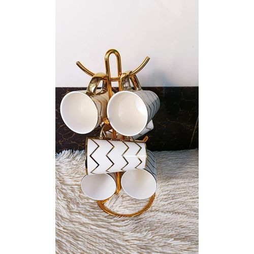 6-Piece Gold Zig Zag Tree Ceramic Mugs Stylish Tea Coffee Cup Set