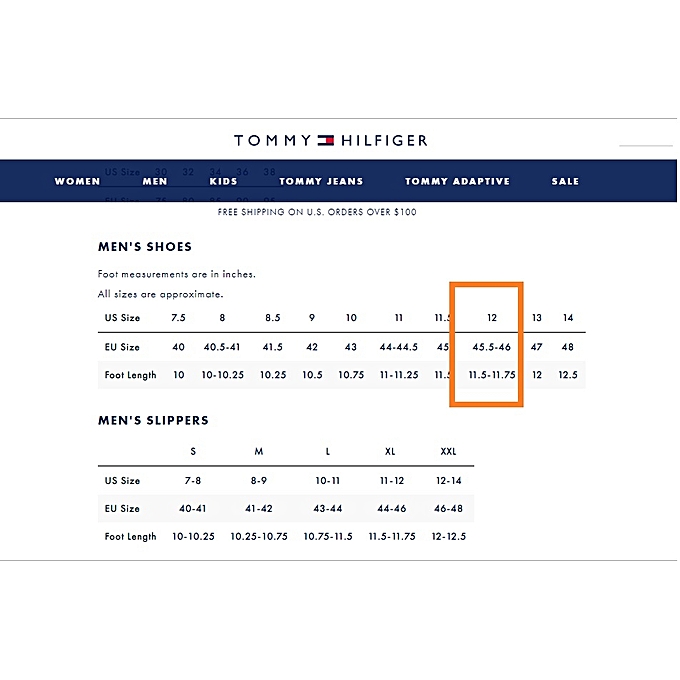 Tommy Hilfiger Footwear Size Chart