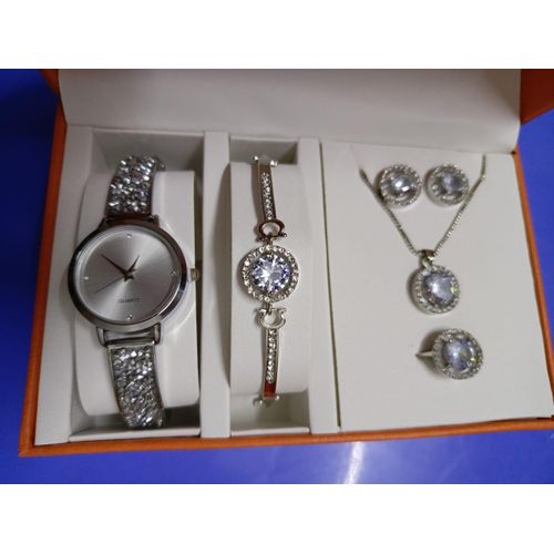 Women's Silver Crystal Watch and Jewelry Set.