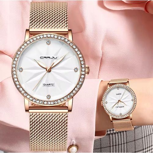 CRRJU Ladies Quartz Watch – Sleek Stainless Steel Mesh Band, Water Resistant & Stylish Design