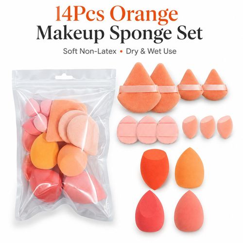 14Pcs Orange Makeup Sponge Set, Soft Non-Latex Makeup Blending Sponges for Foundation, Concealer & Powder, Wet and Dry Use