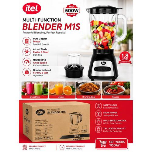 MULTI-FUNCTION BLENDER M1S- 1.8L CAPACITY , 500W POWER PURE COPPER MOTOR , 19000RPM GRIND SPEED , 6-LEAF STAINLESS STEEL BLADES.