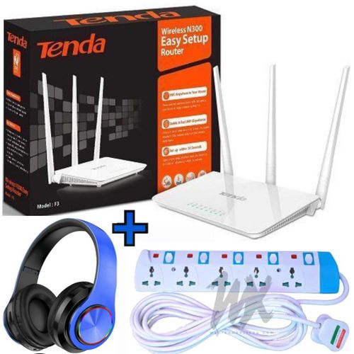 F3 N300 300Mbps Wireless WiFi Router 5 way Power Extension Bluetooth Wireless Headphones - Blue