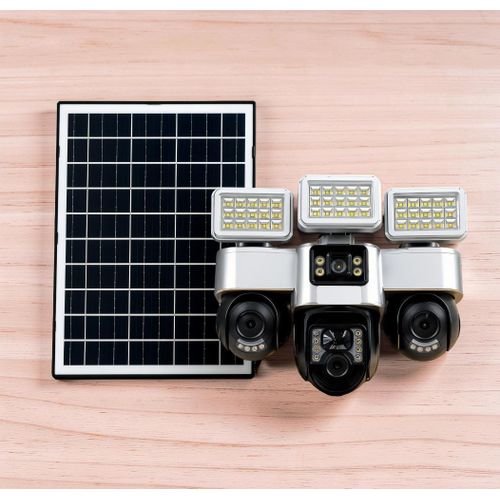 Remote Access 360 Wide Coverage PIR Human Detection Waterproof Design 4G Triple Lens Solar Camera with Solar Flood Lights
