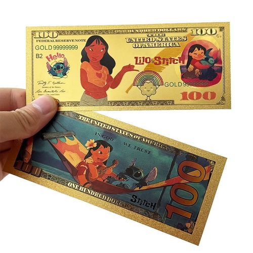 Disney Lilo Stitch Mickey Minnie Collectible Cards Collection Gold Commemorative Banknote Cartoon Gifts Toys For Children