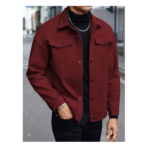Mens Solid Color Long Sleeve Loose Casual Wool Blend Jacket FallWinter Brown Casual Long Sleeve Woven Fabric Plain