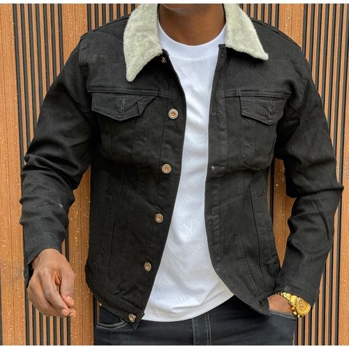 Men's Fleece-Lined Black Denim Trucker Jacket with Sherpa Collar