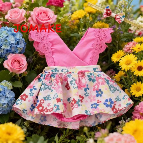1M-3Y girls' romper suit, rose pink with floral print