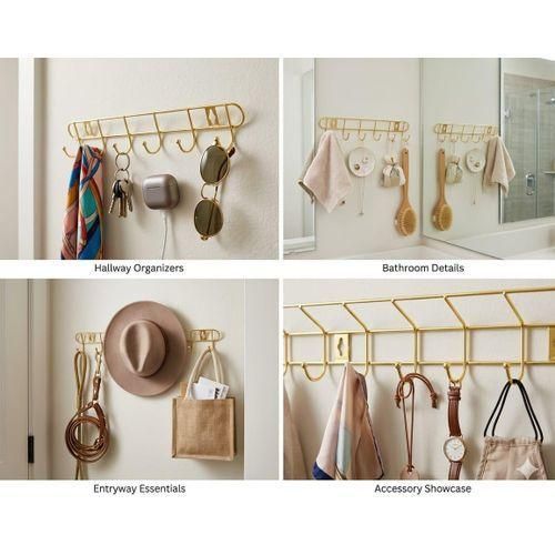 8 hook Gold Stainless steel rail for keys, coats, towels, cups, spoons etc in bedroom closet, laundry room ,kitchen, hallways etc