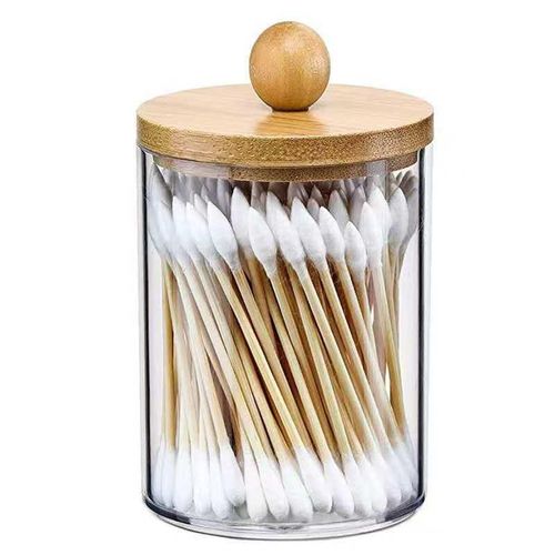 Acrylic cotton swab storage organizer with bamboo lid