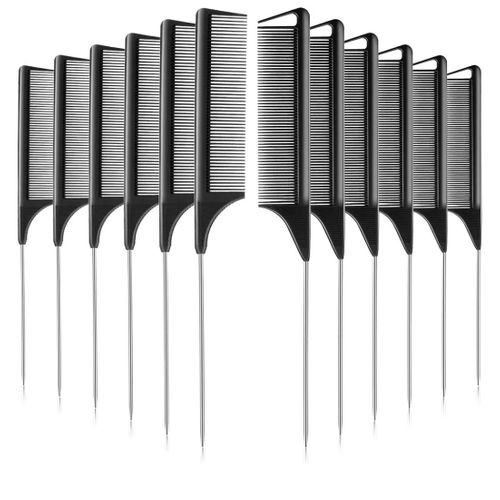 12 Pieces Rat Tail Comb Carbon Fiber Parting Set, Stainless Steel Tail Hair Comb Heat Resistant Teasing For Braid Hair Salon Home Use
