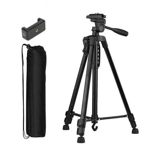 3366 Height Adjustable Aluminum Alloy Tripod Stand Compatible With All Smart Phones, Camera, Go Pro Maximum Operating Height 4.5 Ft Maximum Load Capacity Up To 5kg - Black