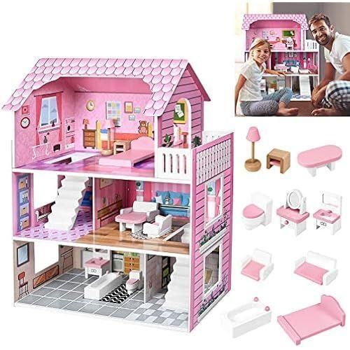 Classic Wooden Doll House Toy – Kids Role Play Set