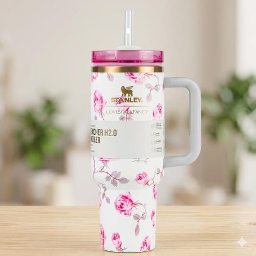 Stanely Quencher Tumbler -white with pink floral stainless steel insulated with handle straw