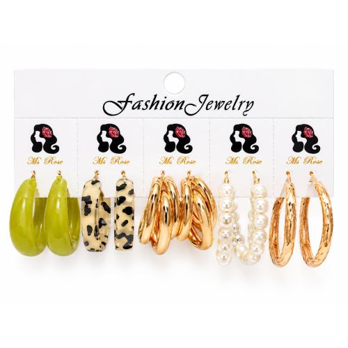 5 Pairs Earring Set - Olive Green Resin, Leopard Print, Gold Metal Hoops & Faux Pearl Multipack