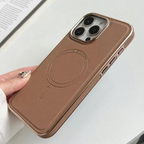 iPhone 15 Pro Max Case. Magnetic metallic leather. BROWN