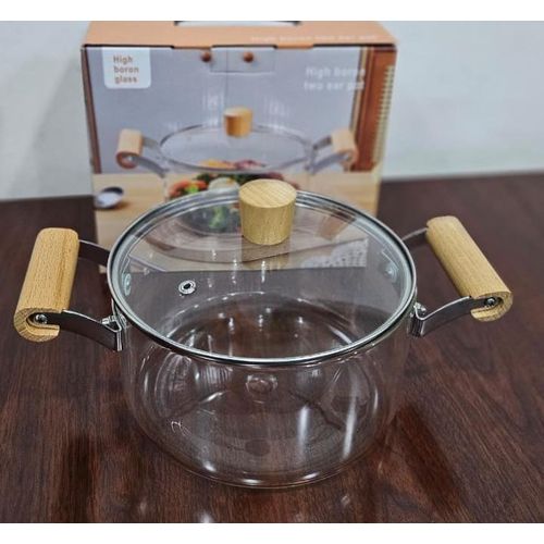 Transparent heat-resistant glass cooking pot with wooden handless lid