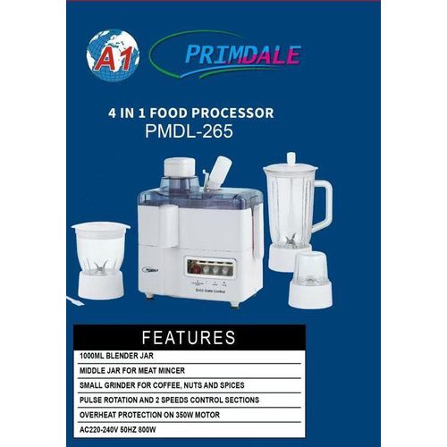 4 in 1 Juicer Blender Grinder Food Processor Multi Functional Kitchen Appliance High Power Motor Durable Stainless Steel Blades Smoothie Maker Juice Extractor Dry Mill Compact Design Home Use