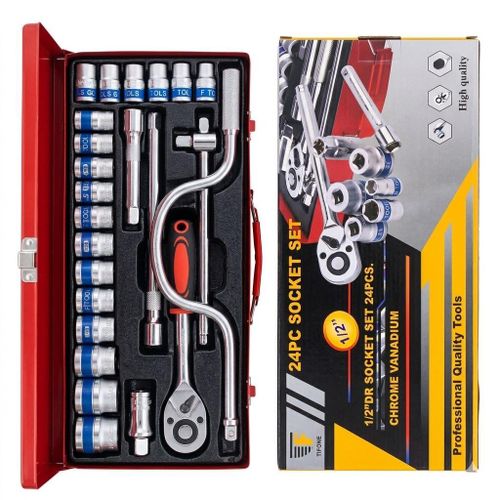 24 Pieces 1/2 Inch Drive Socket Set Chrome Vanadium Mechanics Tool Kit