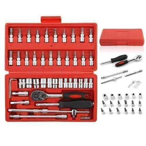 46Pc 1/4 Driver Metric Socket Set Wrench Torx Ratchet Screwdriver Bit Extension CHROME Vanadium Car Bicycle Tool Set