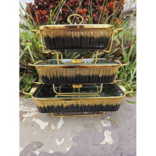 3-Piece Black & Gold Ceramic Chafing Dish Set – Elegant Buffet Food Warmers (3.5L, 2.5L & 1.8L)