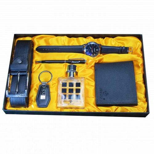 Men 6-Piece Gift Set Premium Quartz Watch Wallet Belt Sunglasses Pen Keychain Luxury Accessory Box for Him