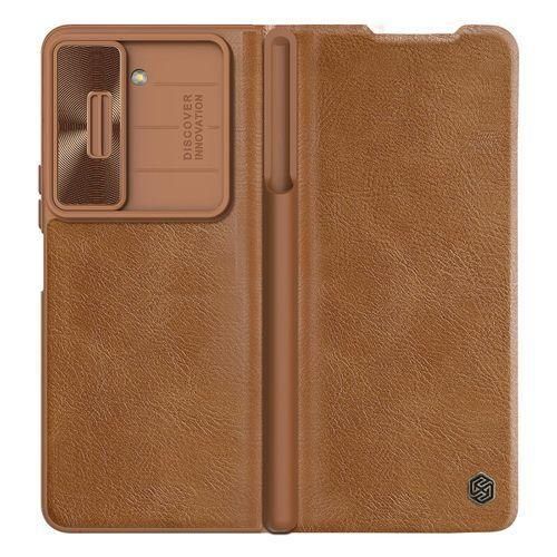 Nilkin Galaxy Z Fold 5 (7.6" Inch) Qin Pro Camshield Camera Slider Genuine Classic Leather Flip Folio + Removable S Pen Slot Brown Color