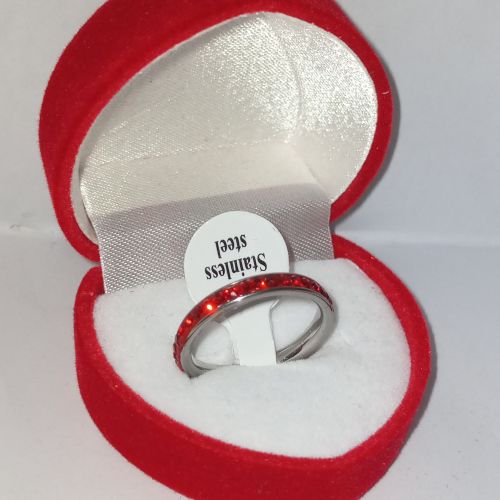 slender silver stainless steel with a stripe red stone around It