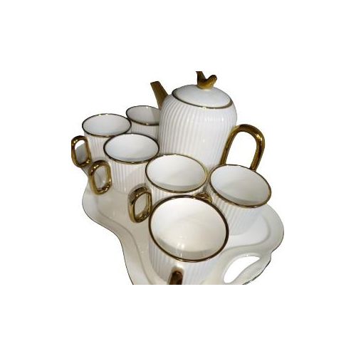 8pcs Tea Set with Tray White with Gold Line