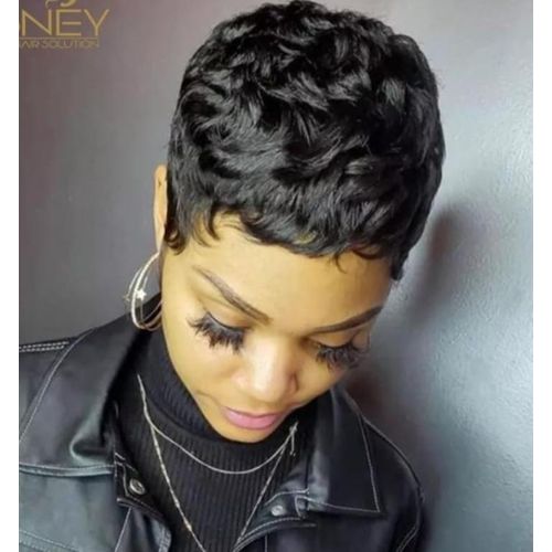 Elegant Human Hair pixie Wig - Black - 200g - side parting