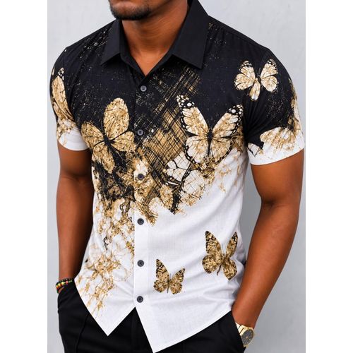 Men's Black and White Abstract Butterfly Print Short-Sleeve Button-Up Shirt