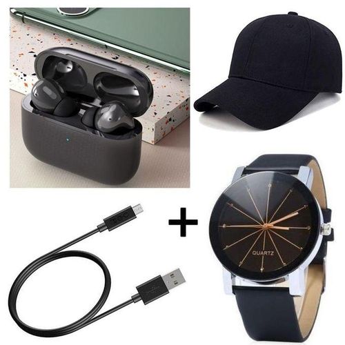 Air Pro 3 Wireless Bluetooth Pods,Wireless - Black+Baseball Cap+Unisex Watch+Normal Cable