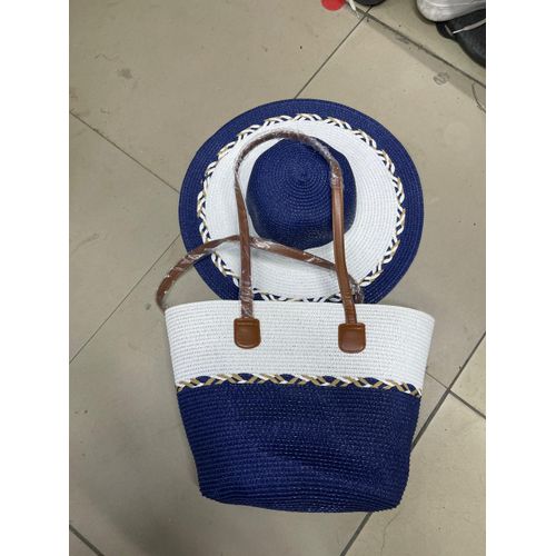 Women Straw Beach Tote Bag with Matching Sun Hat – Blue & White 2-in-1 set: Tote bag + matching sun hat