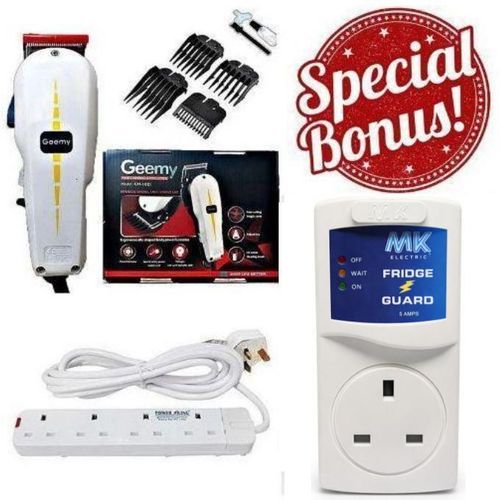 Professional Hair Clipper & Beard Trimmer Kit + Smart Electronic Fridge Guard + 4-Way Power Extension