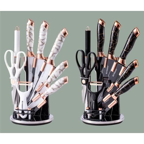 Premium Marble Coated Stainless Steel Knife Set 6 Piece Kitchen Set with Ergonomic Handles & Stylish Block