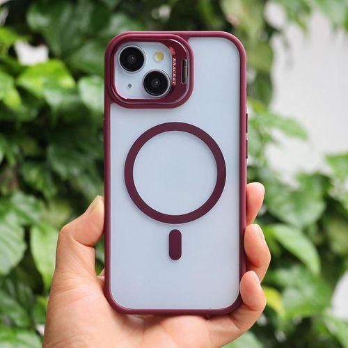 Premium Magnetic Case with Camera Lens Protection, Kickstand, and MagSafe Compatibility – Clear Acrylic & TPU Hybrid Cover for iPhone 15 Pro – Stylish Wine Maroon Edition