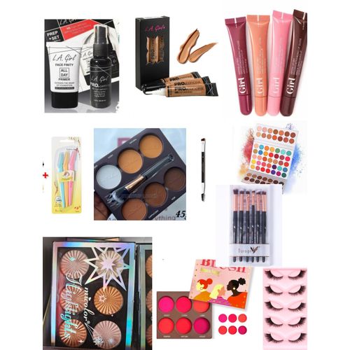 Full makeup kit set include - Makeup primer, setting spray, 3pcs concealer, 4pcs Lip gloss, Eyebrow trimmer, sacha contour palette, Eyebrow brush, Eyeshadow palette, makeup brushes, highligter palette, Blush palette, Eyelashes, mascara, Eyeliner