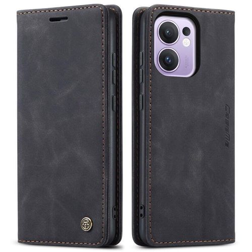 Oppo Reno13 F ( Reno 13F) Phone Case, Wallet-Style Black Retro Suede Leather Flip Cover with All-Round Protection for Second Device