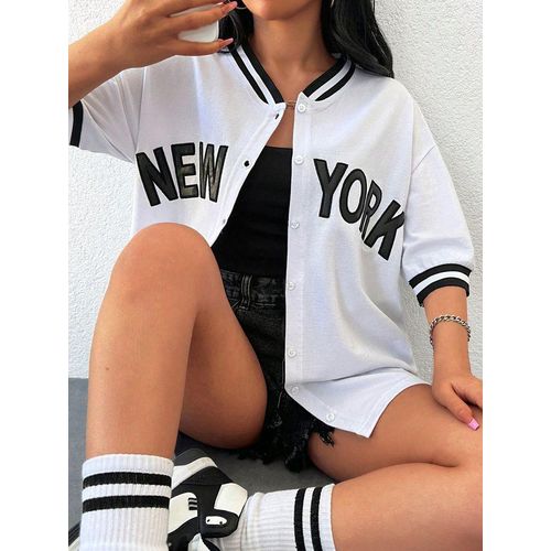 Womens Oversized Baseball Shirt Dress New York Button Front Jersey Top Short Sleeve Streetwear New York Button Front Jersey Top Short Sleeve Streetwear Casual Outfit White Black