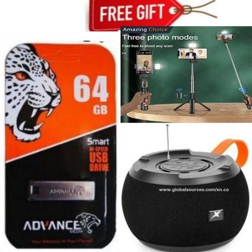 Advance ACCESORIES FOR 256GB PHONES / 64gb METTALIC FLASH // 64gb/64 GB Flash Disk - Silver + C15 WIRELESS BLUETOOTH Speaker FOR SMART PHONES + TRIPOD STAND FOR SMART PHONES AND IPHONES